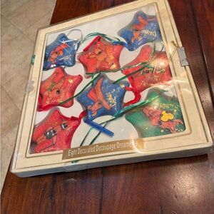 Christmas Decoupage Ornaments 8 pc boxed  Set vintage Santa reindeers